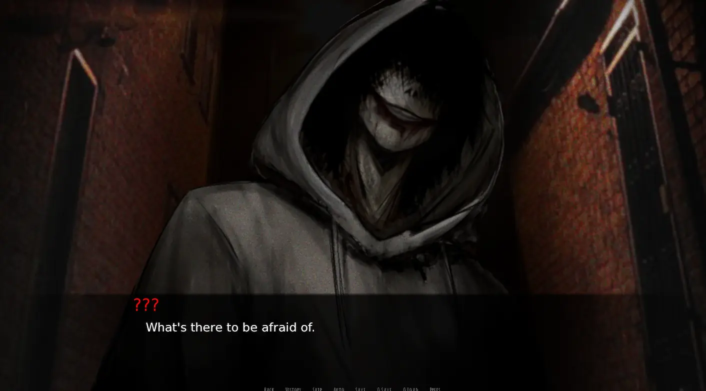 Jeff the Killer standing in a dark alley with his signature carved smile in the Insomnia Jeff the Killer visual novel